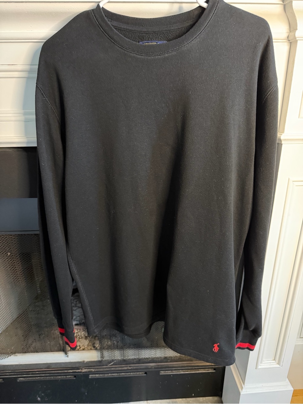 Polo Ralph Lauren Black Crewneck Sweatshirt Red Pony Striped Cuffs Mens Size L